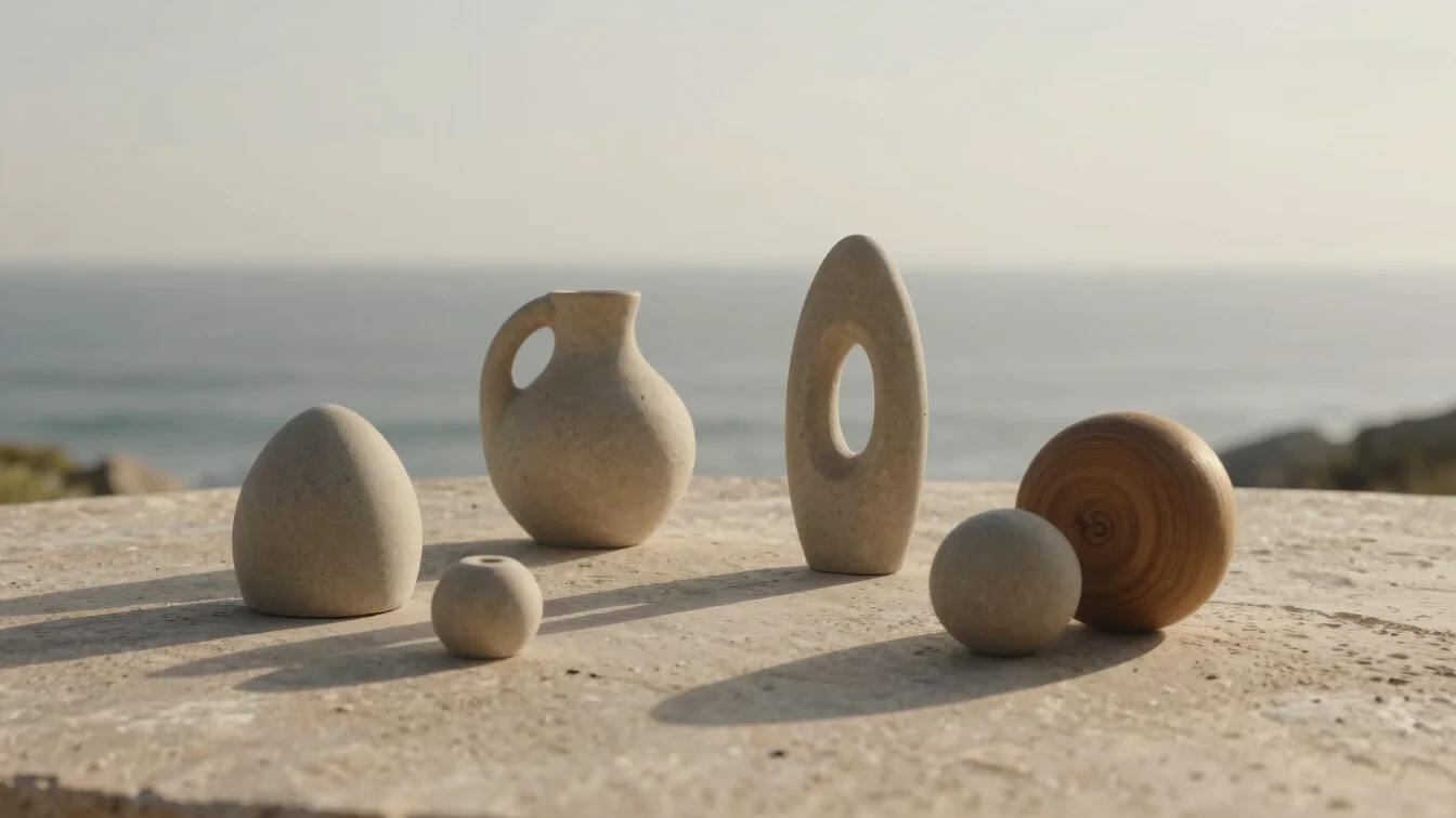 Still life of sculptural design objects on a textured stone surface, warm coastal light, minimalist composition with dee