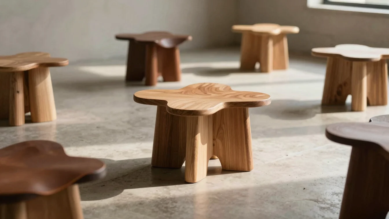 Selected crafted objects representing contemporary Uruguayan design, raw leather and timber details, warm morning light,