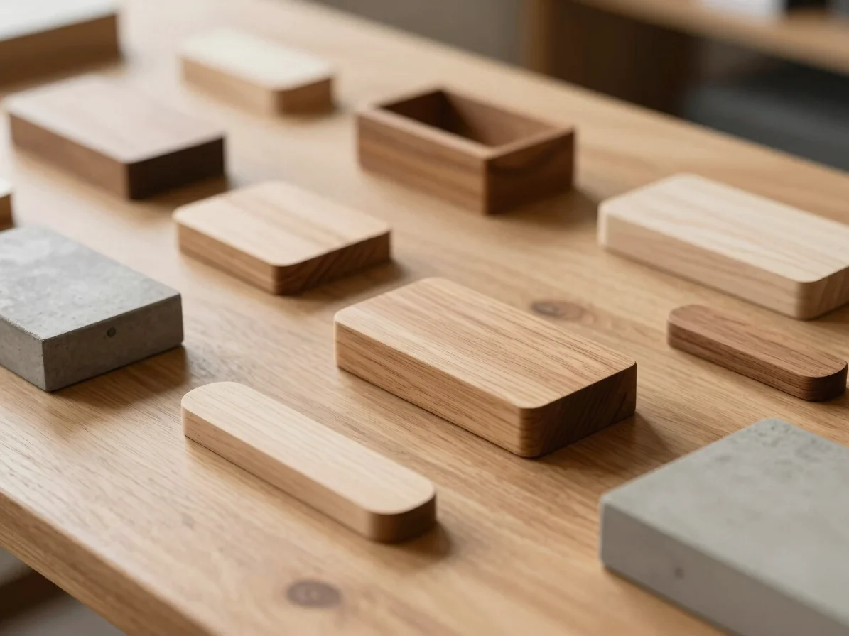 Close-up of crafted corporate wooden objects on a warm timber wor