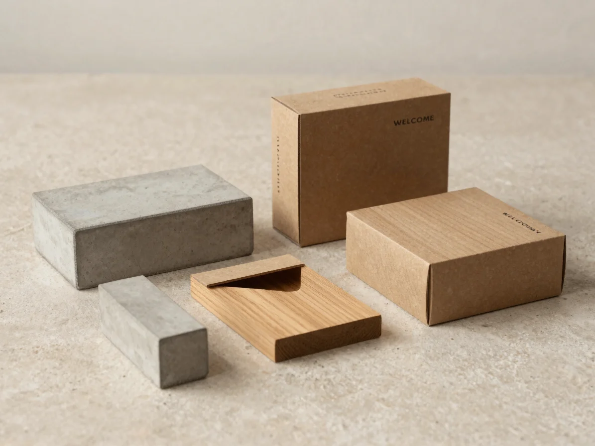 Arranged components of a welcome kit on a neutral stone surface,