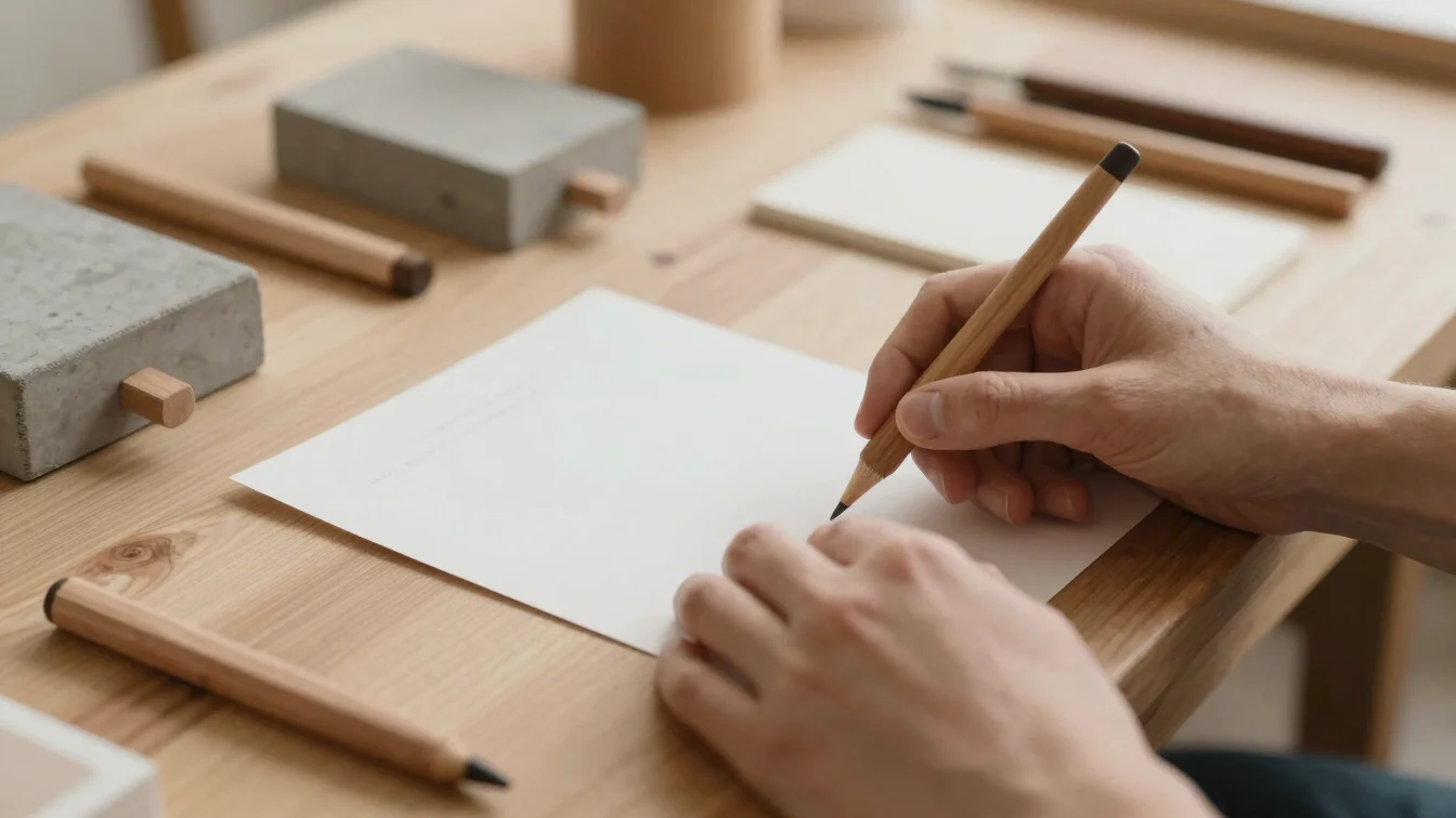 Detailed shot of hands assembling bespoke stationery and timber m