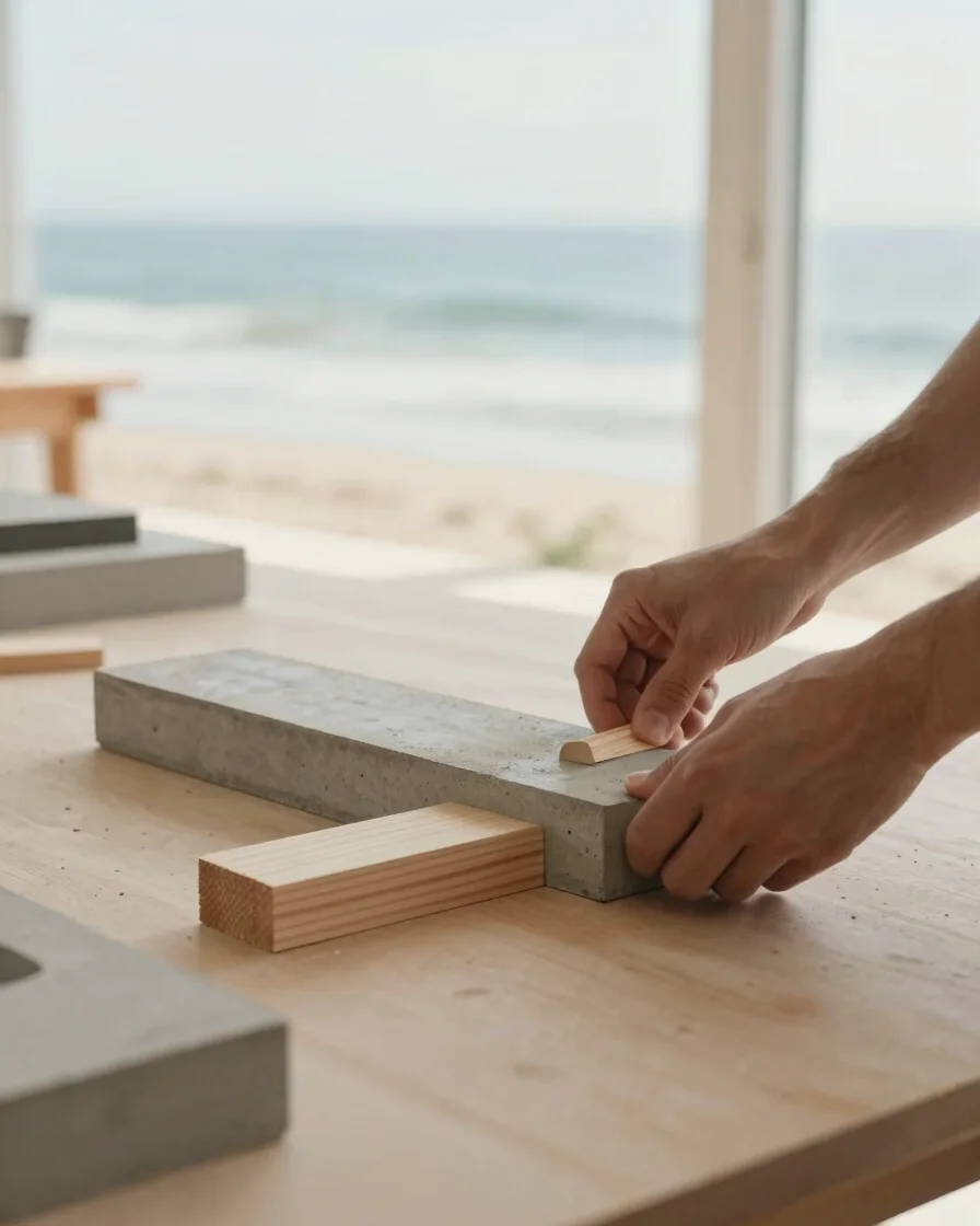 Hands assembling a timber and concrete prototype on a clean studio workbench under soft coastal daylight