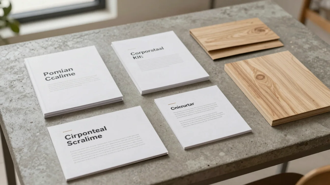 Detailed editorial flat lay of corporate custom presentation kits on a concrete table, soft natural daylight, timber and
